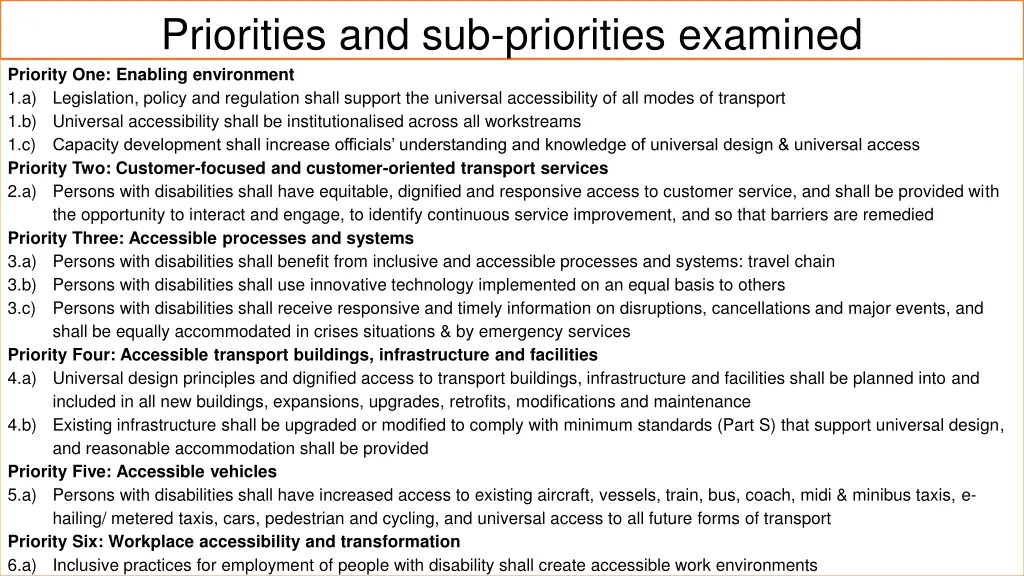 priorities and sub priorities examined