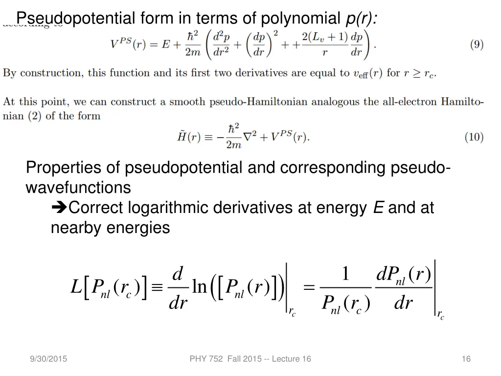 pseudopotential form in terms of polynomial p r