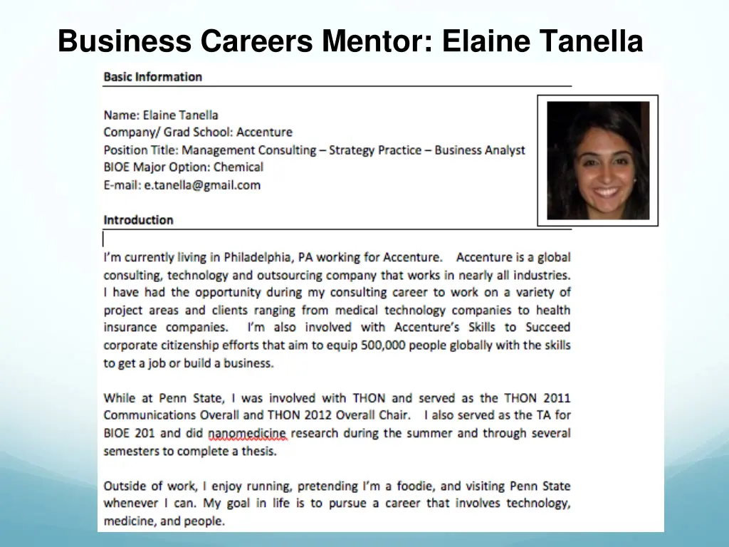 business careers mentor elaine tanella
