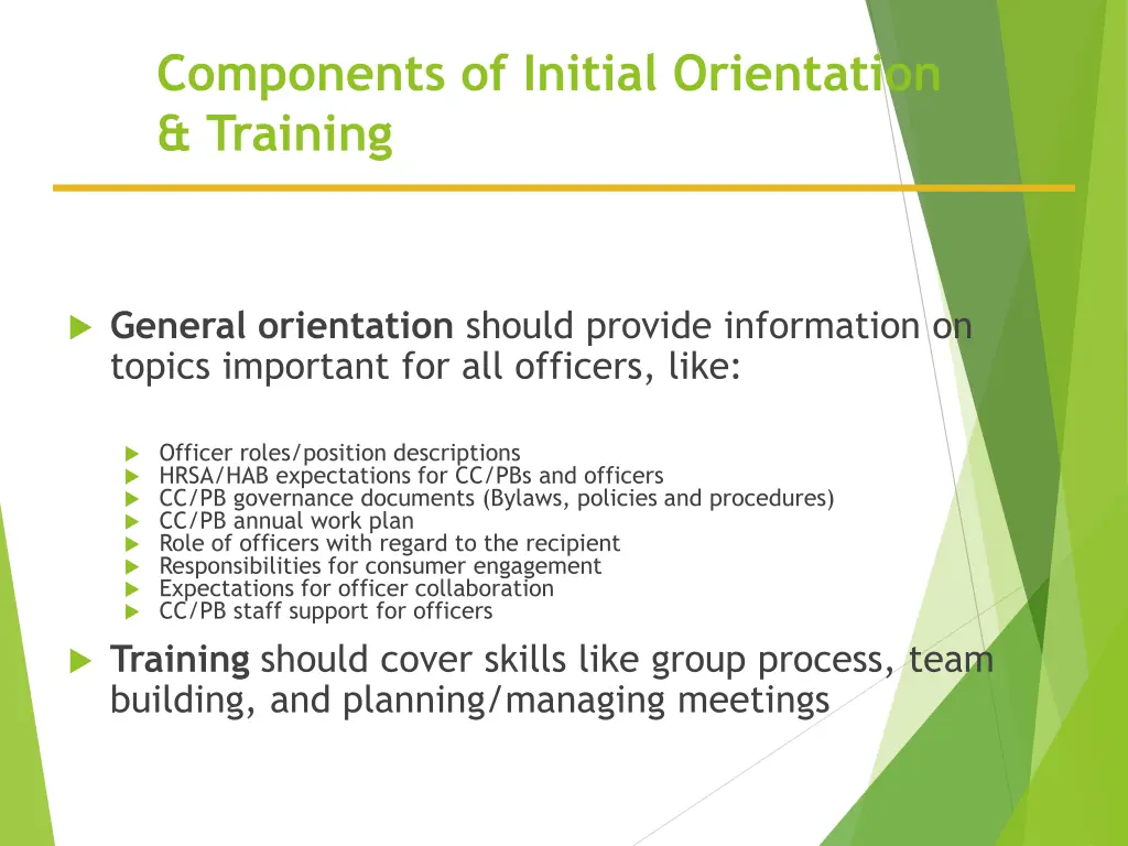 components of initial orientation training