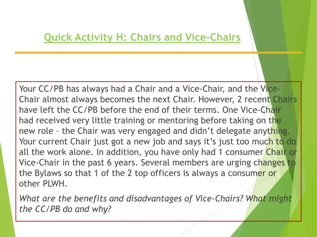 quick activity h chairs and vice chairs