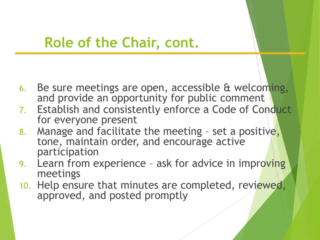 role of the chair cont