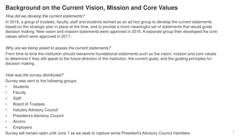 background on the current vision mission and core