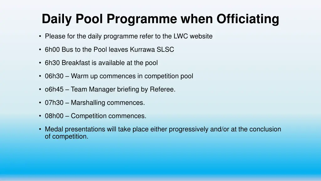daily pool programme when officiating