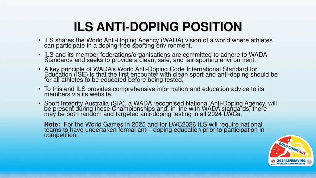 ils anti doping position ils shares the world