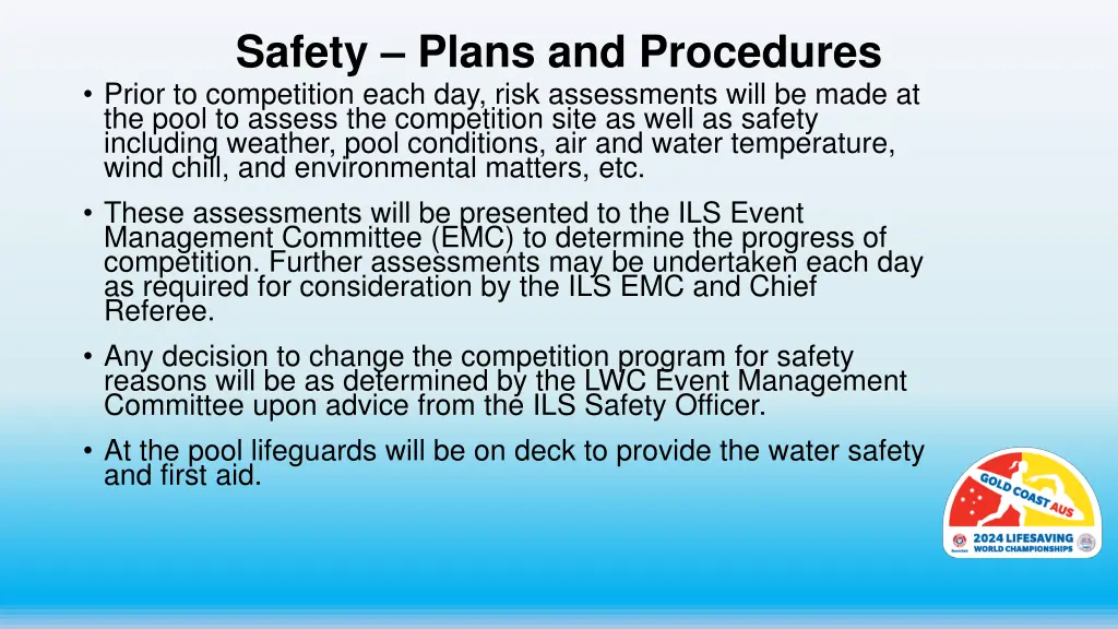 safety plans and procedures prior to competition