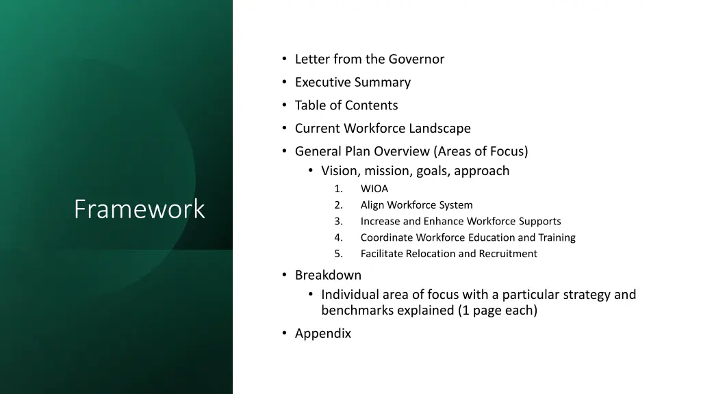 letter from the governor executive summary table