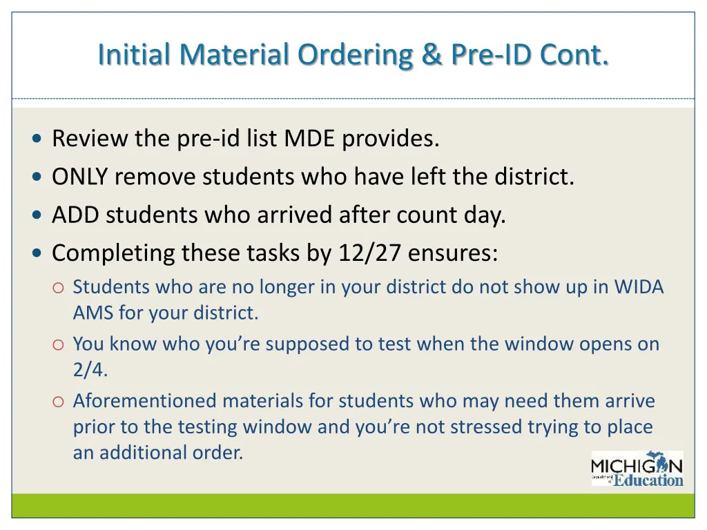 initial material ordering pre id cont