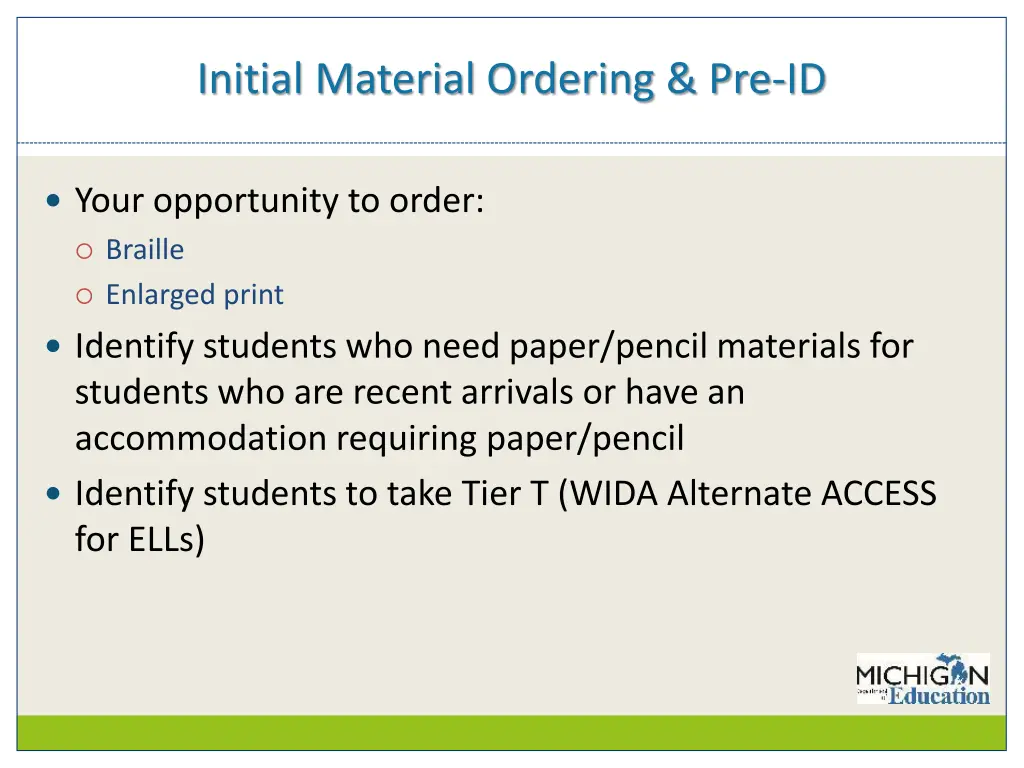 initial material ordering pre id