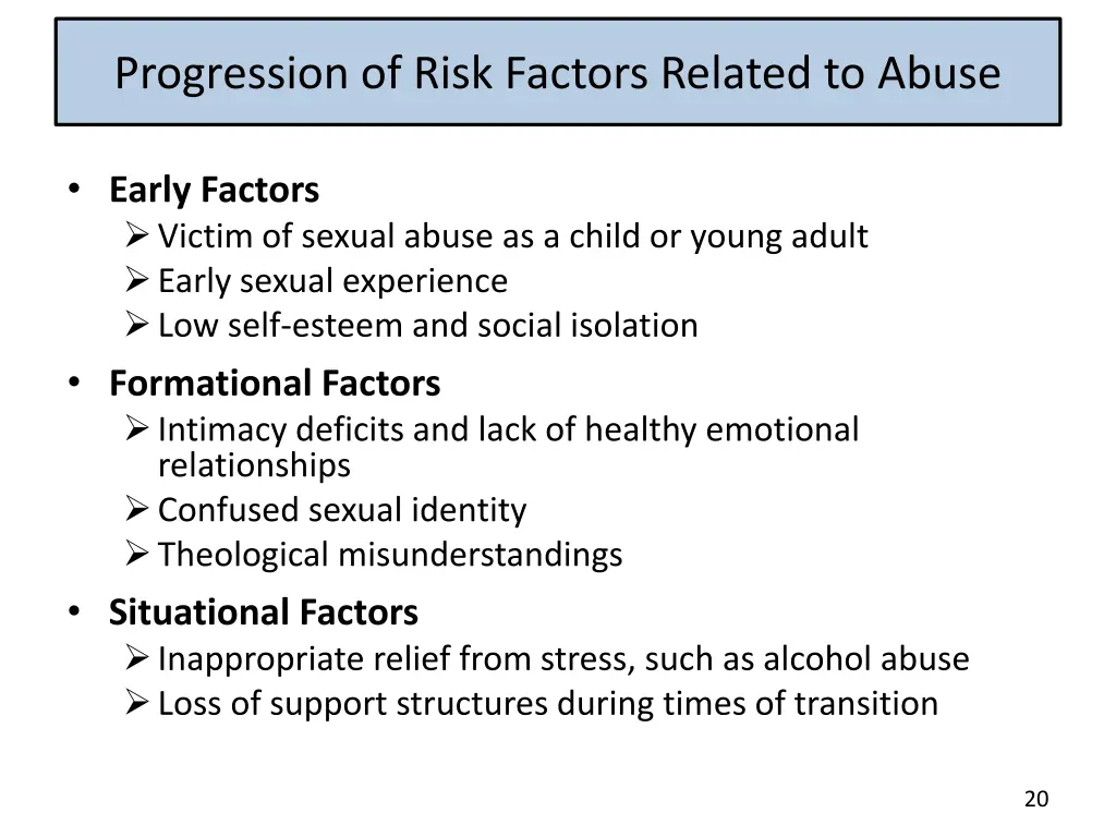 progression of risk factors related to abuse