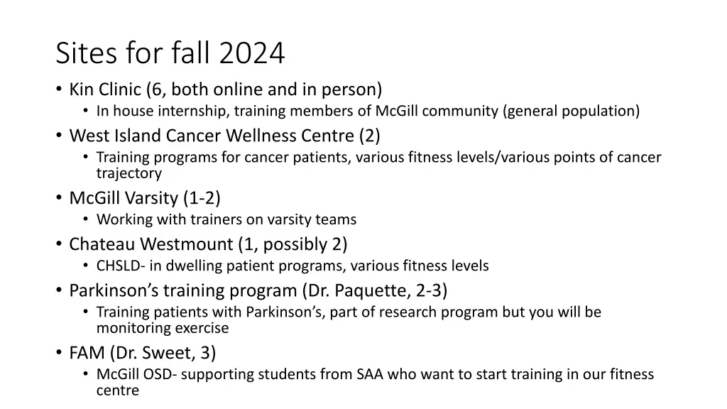 sites for fall 2024 kin clinic 6 both online