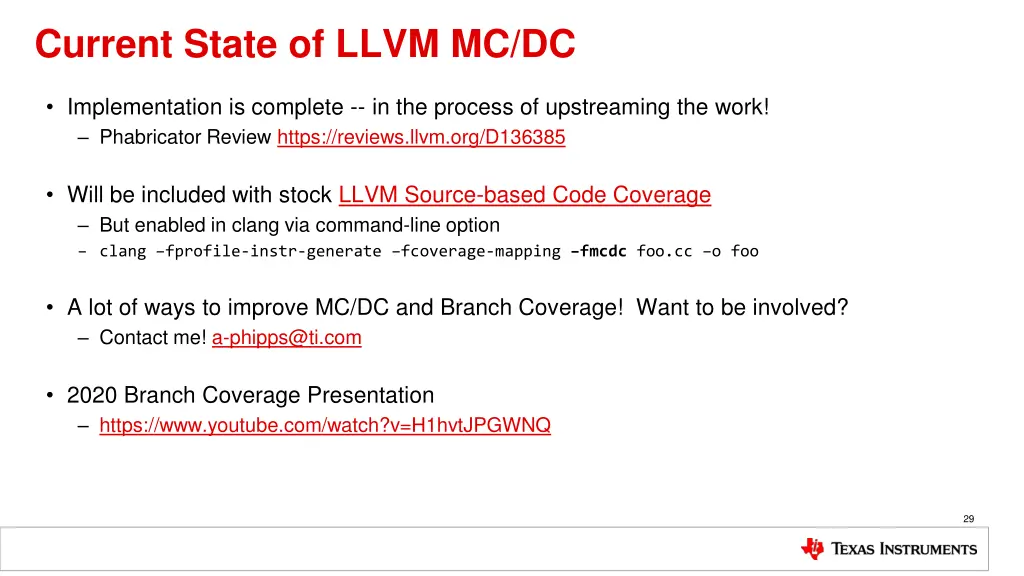 current state of llvm mc dc