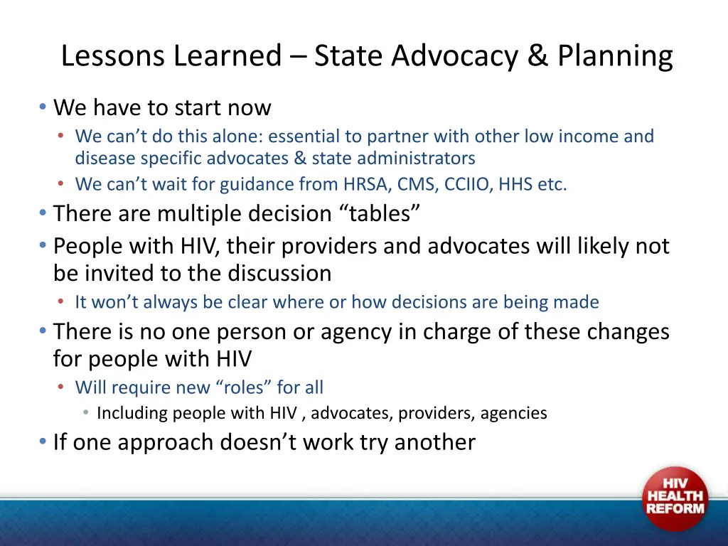 lessons learned state advocacy planning