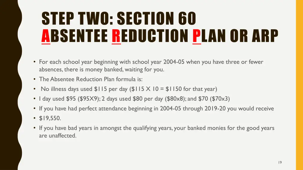 step two section 60 absentee reduction plan or arp