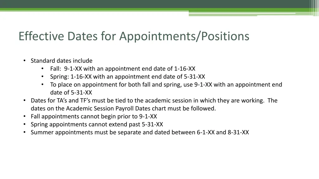 effective dates for appointments positions