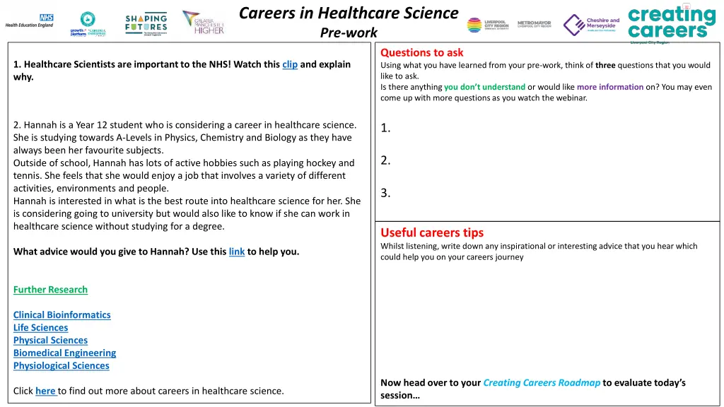 careers in healthcare science pre work