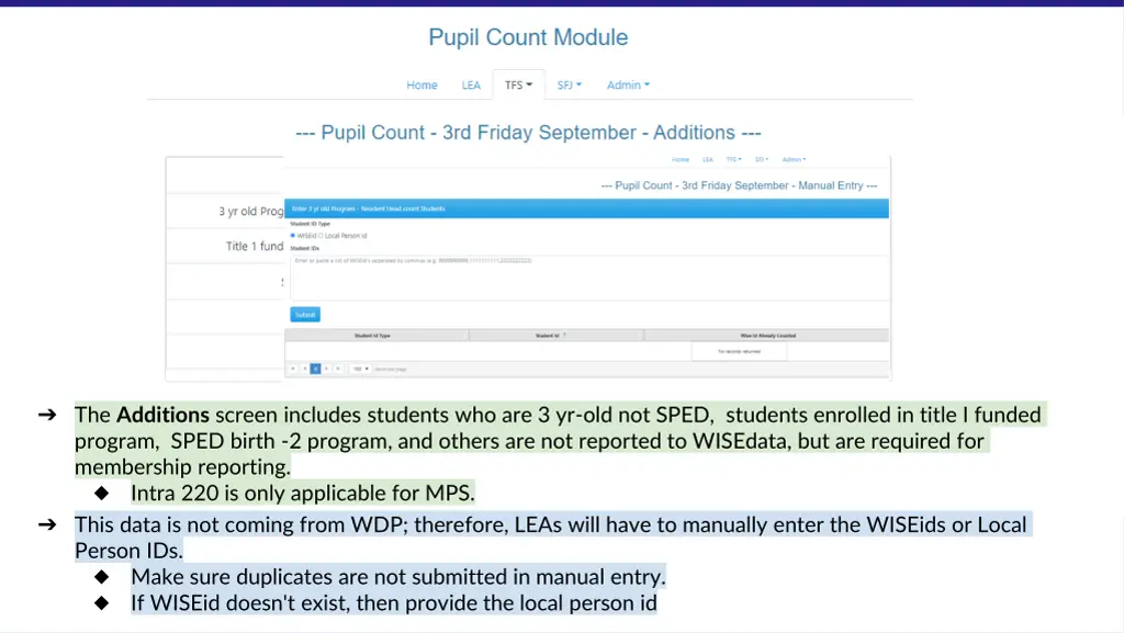 the additions screen includes students