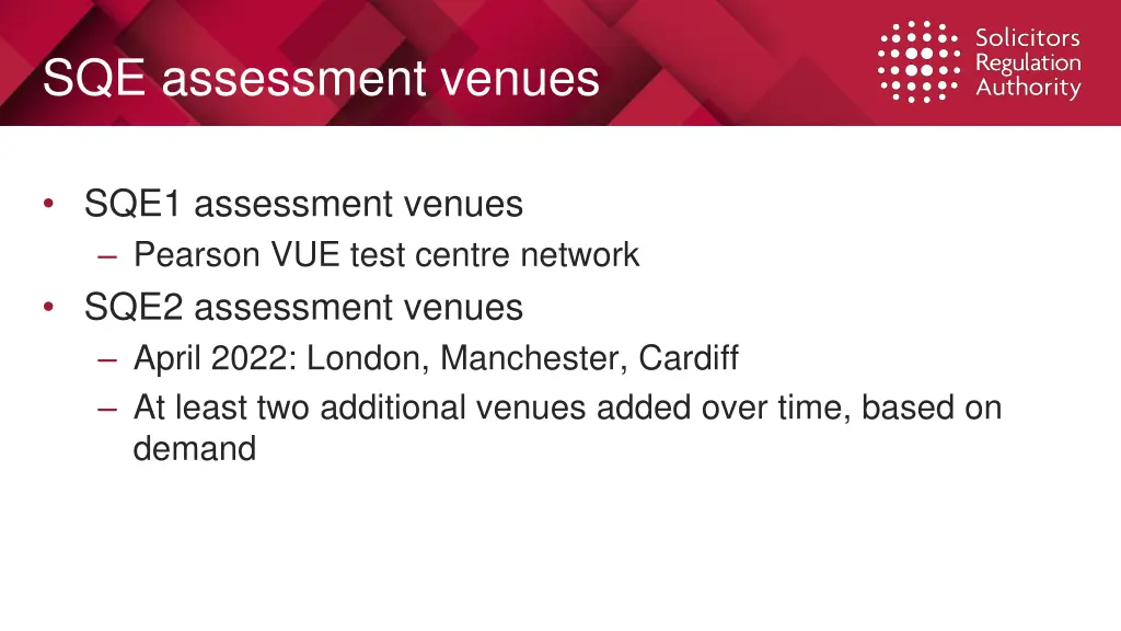 sqe assessment venues