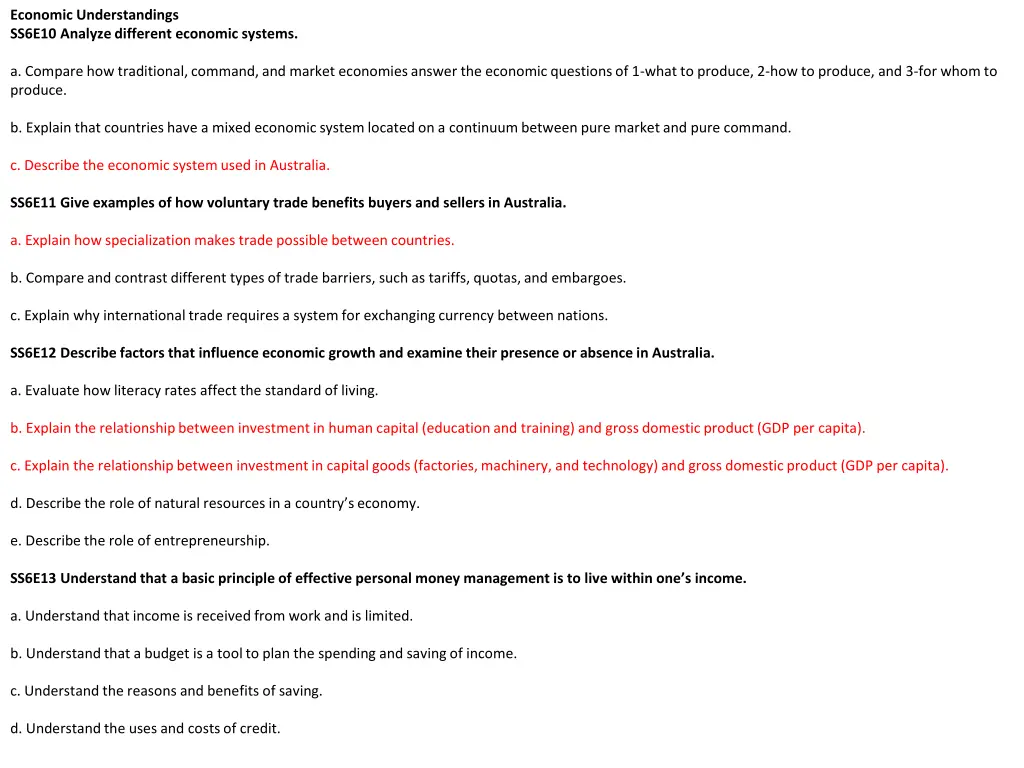economic understandings ss6e10 analyze different