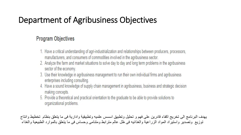 department of agribusiness objectives department