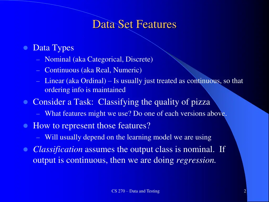 data set features