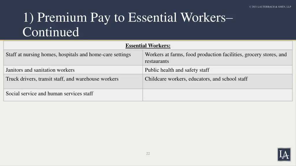 1 premium pay to essential workers continued