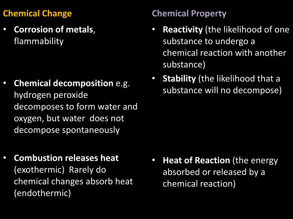 chemical change corrosion of metals flammability