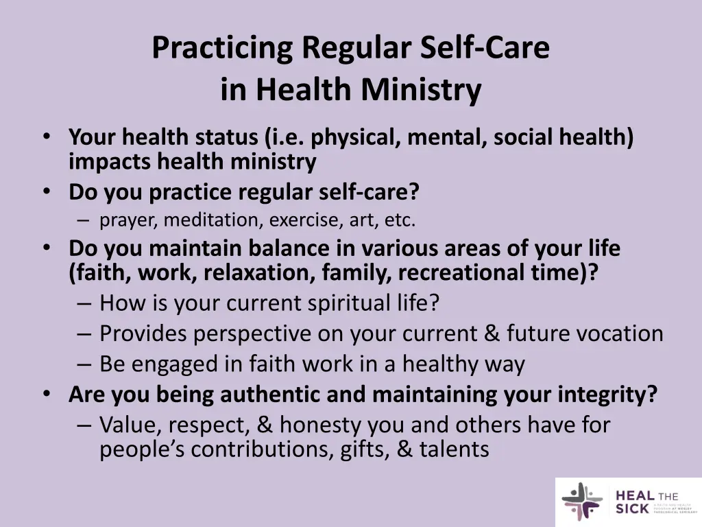 practicing regular self care in health ministry