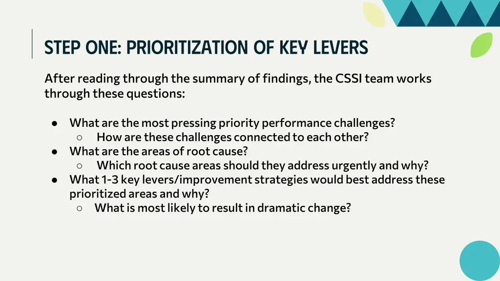 step one prioritization of key levers