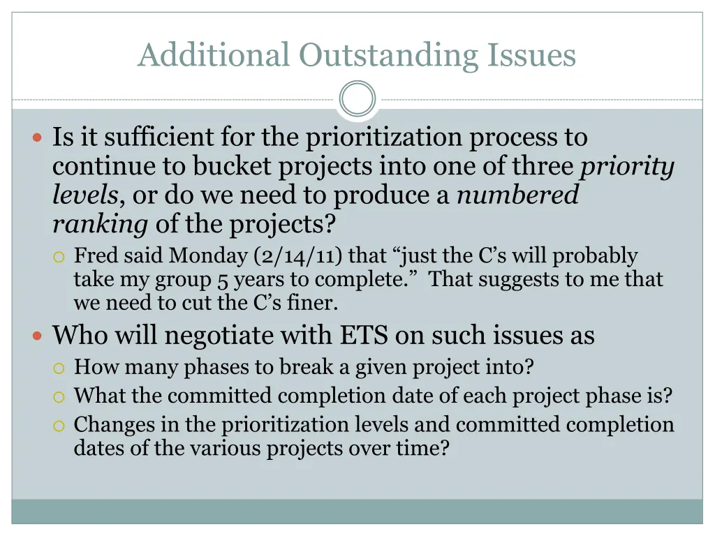 additional outstanding issues