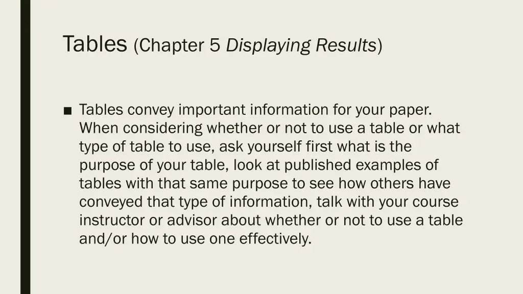 tables chapter 5 displaying results