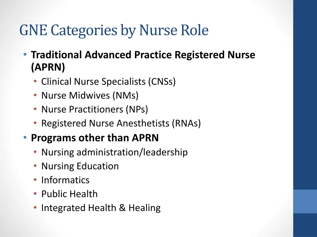 gne categories by nurse role