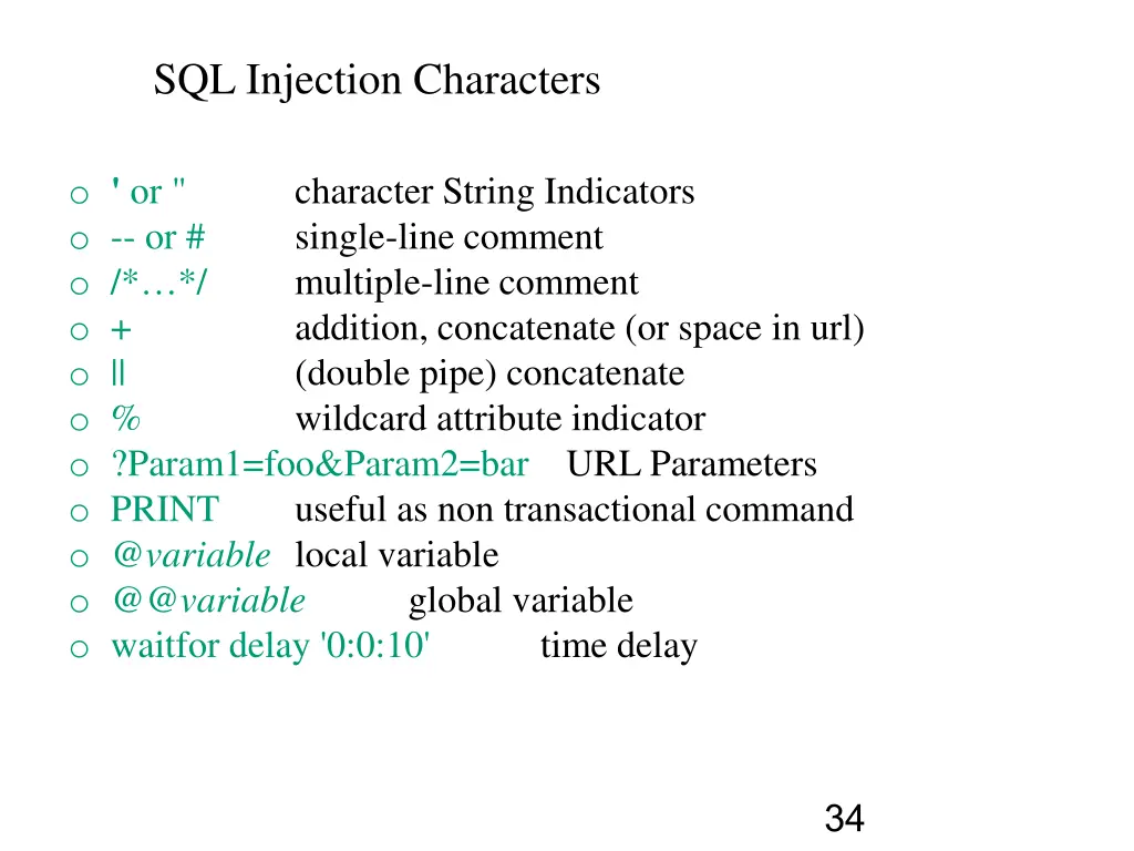 sql injection characters