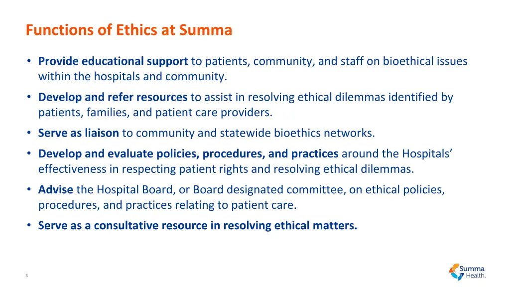 functions of ethics at summa