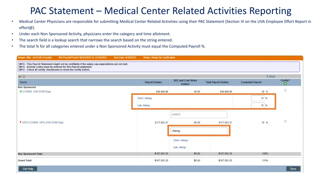 pac statement medical center related activities
