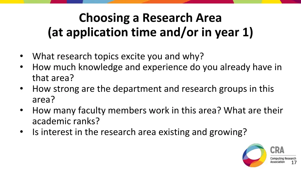 choosing a research area at application time
