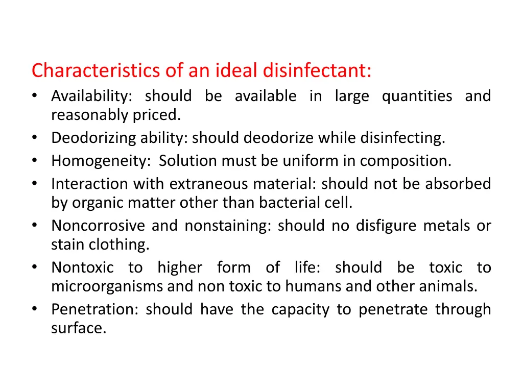 characteristics of an ideal disinfectant