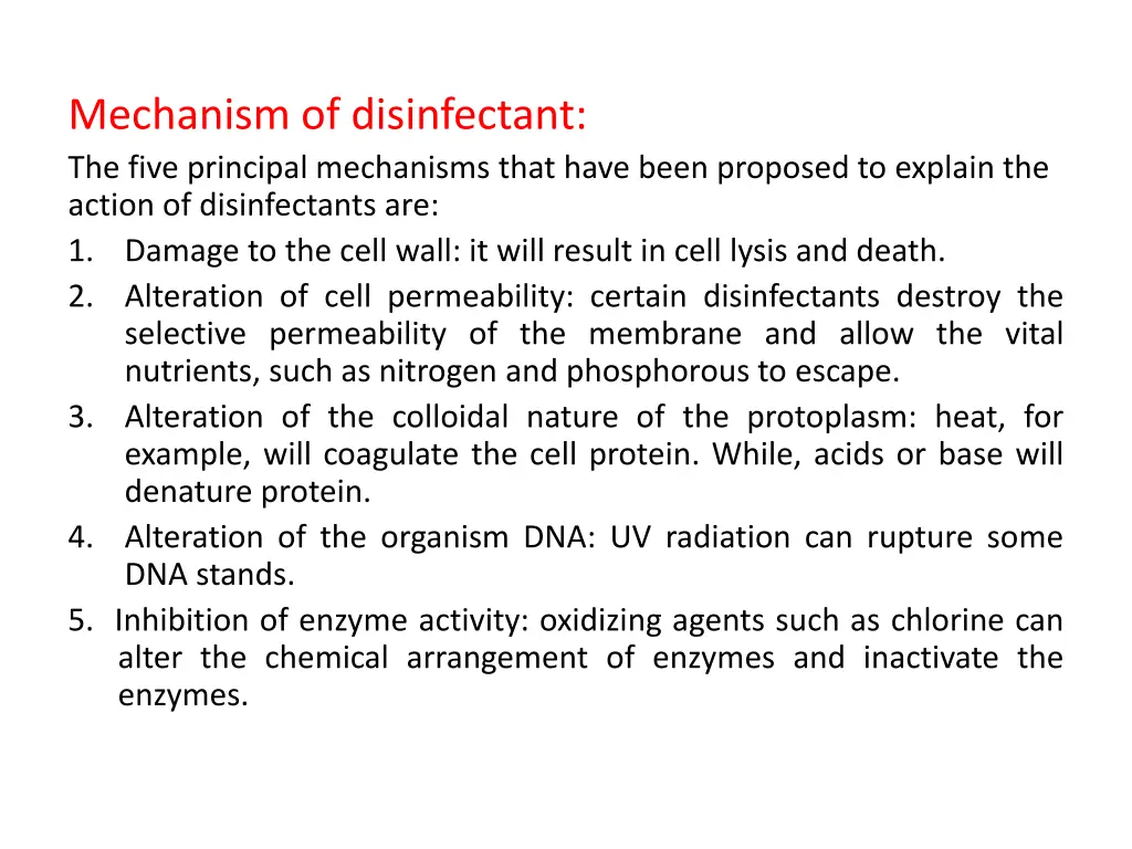 mechanism of disinfectant the five principal