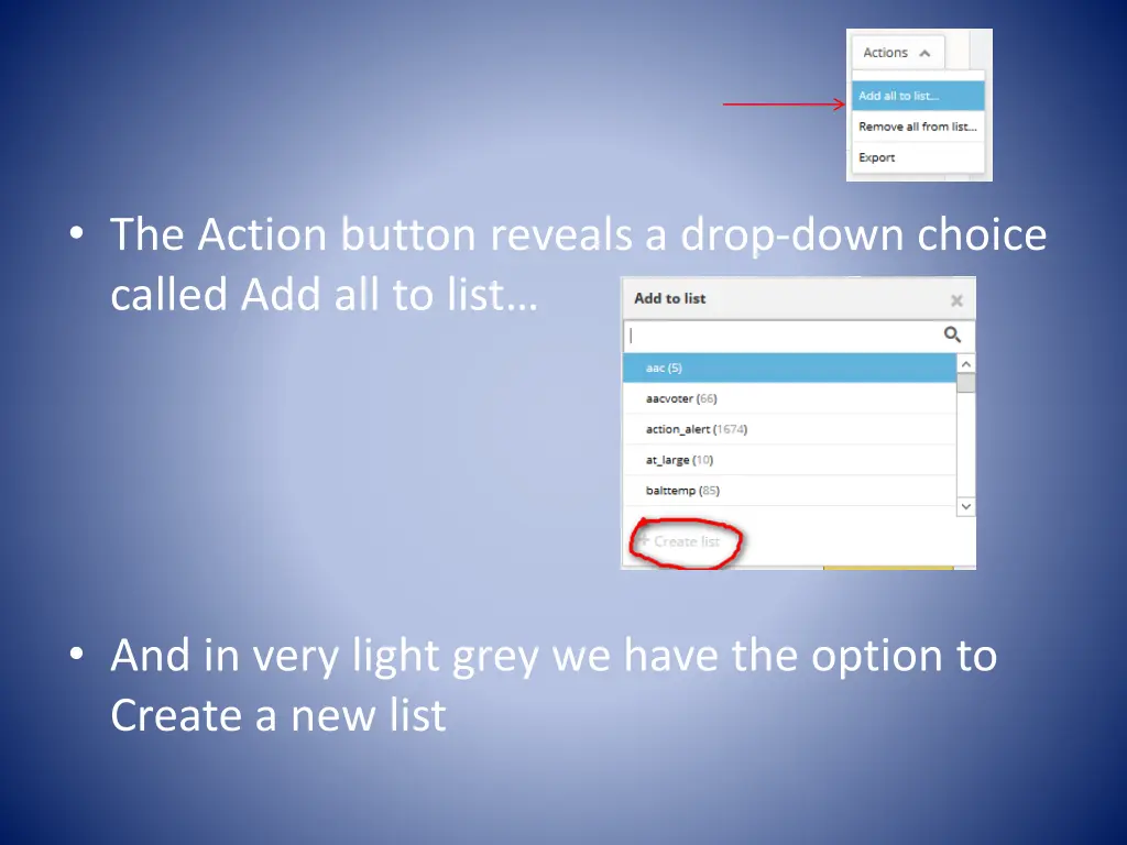 the action button reveals a drop down choice