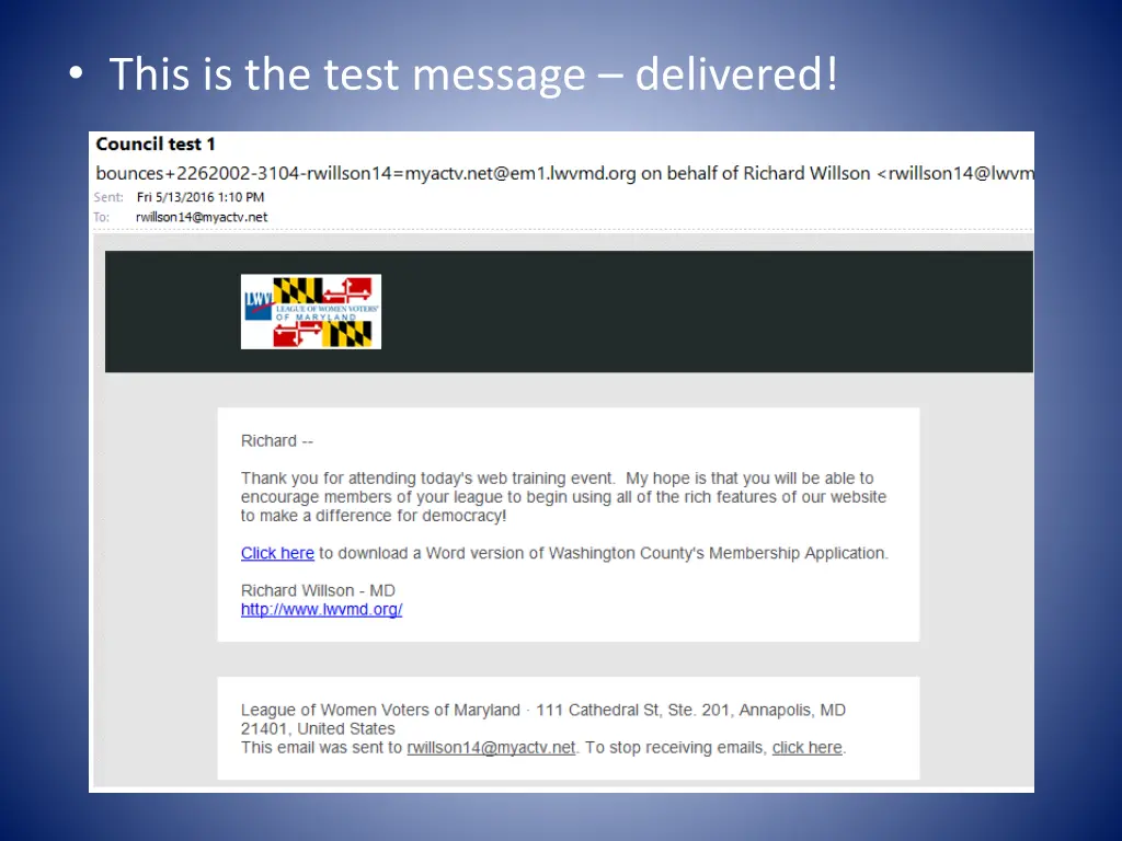 this is the test message delivered