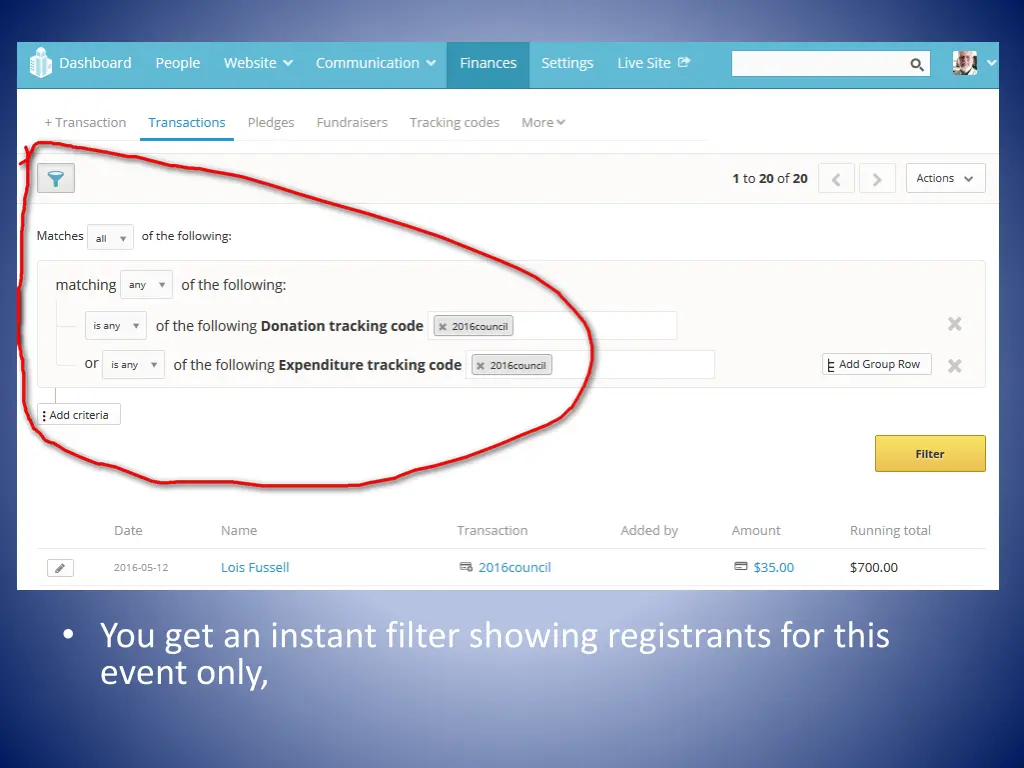 you get an instant filter showing registrants