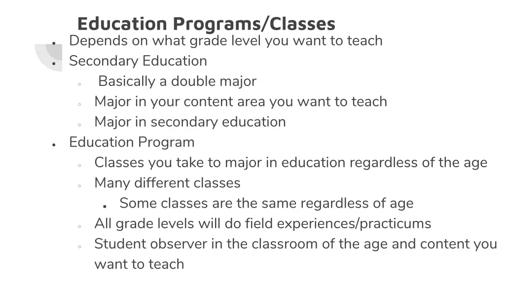 education programs classes depends on what grade