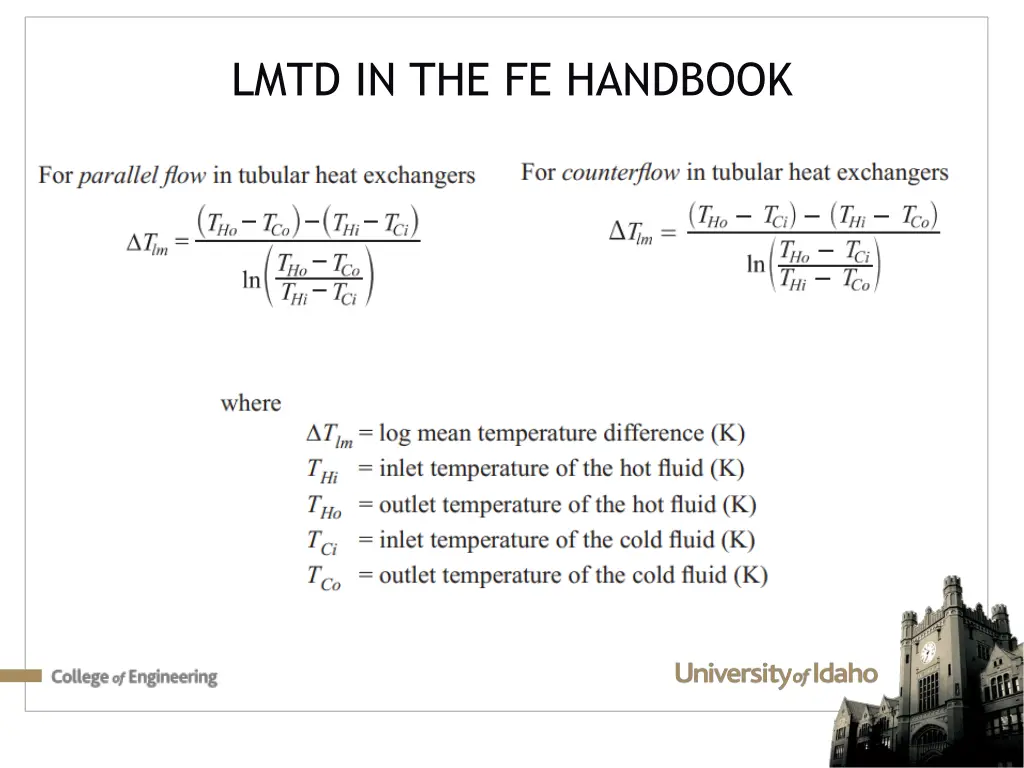 lmtd in the fe handbook