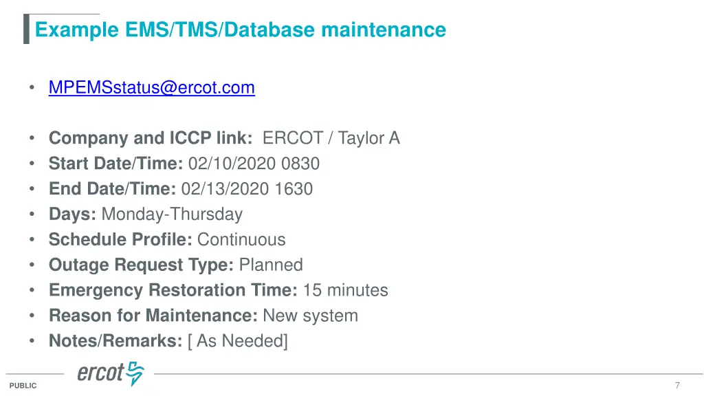 example ems tms database maintenance
