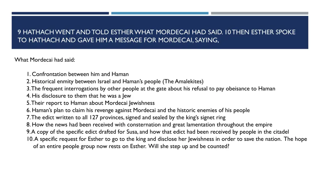 9 hathachwent and told esther what mordecai