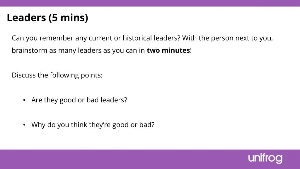 leaders 5 mins