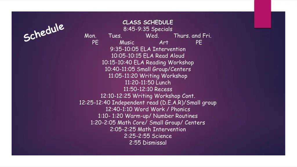 class schedule 8 45 9 35 specials wed