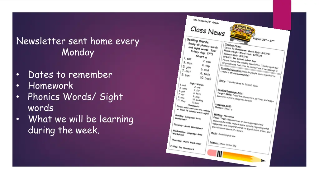 newsletter sent home every monday