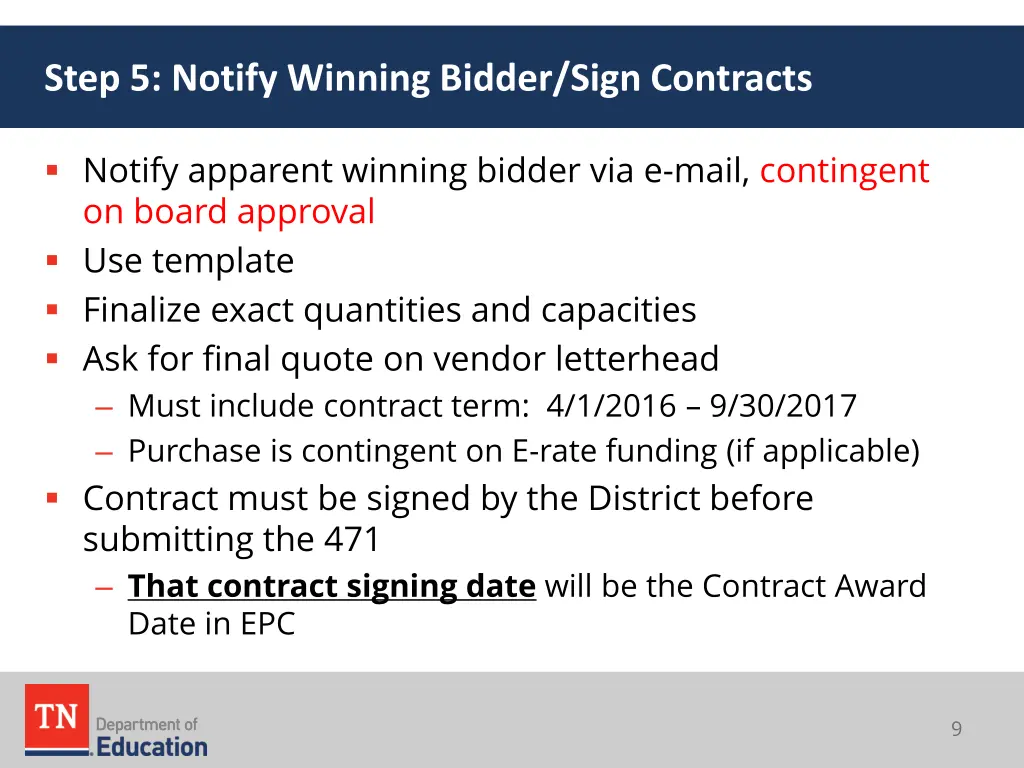 step 5 notify winning bidder sign contracts