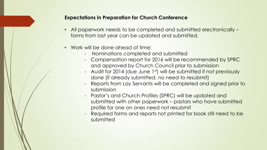 expectations in preparation for church conference
